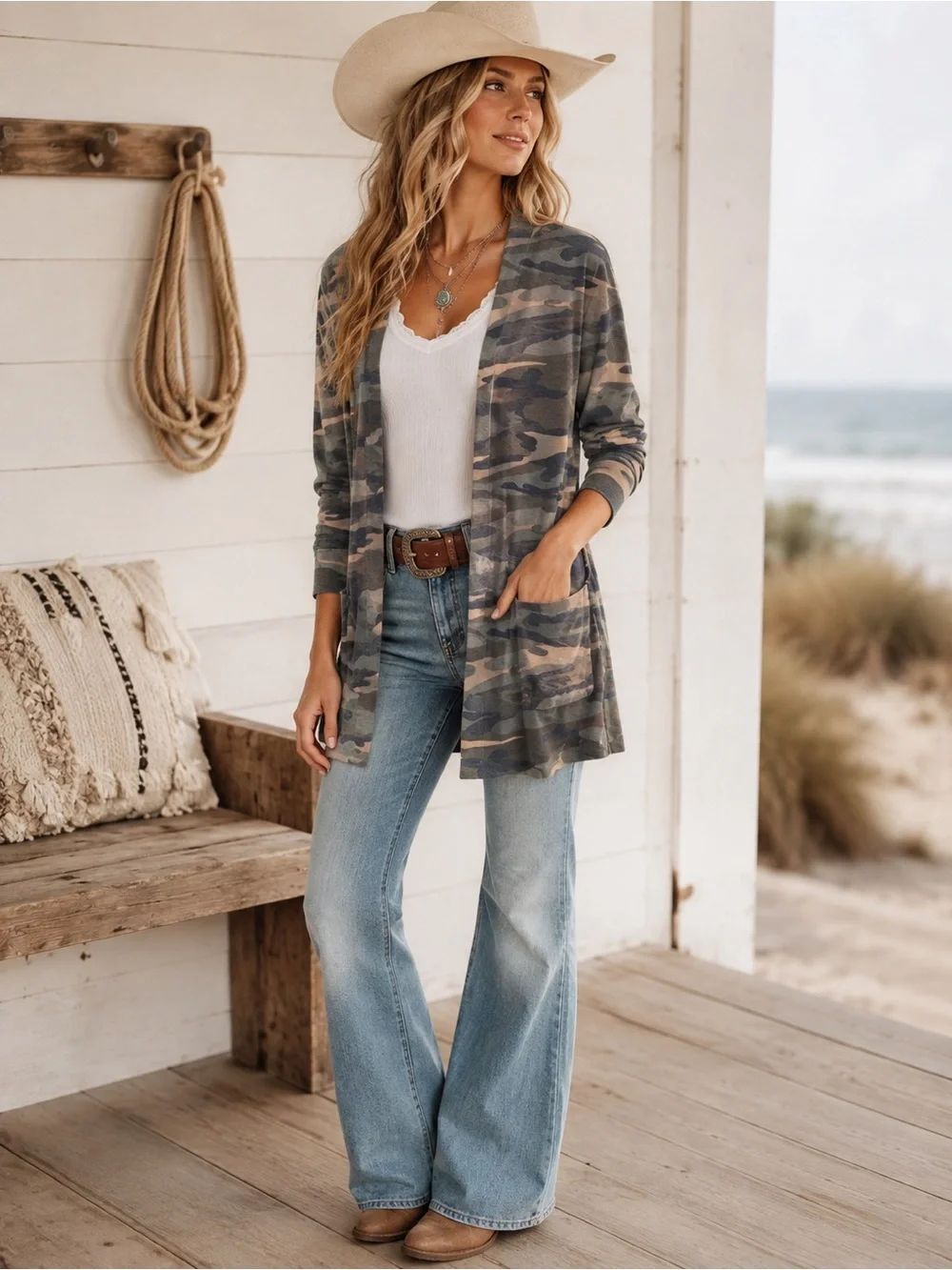 Camo Open-Front Women's Cardigan - Gray Camo
